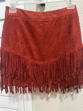 Fringe Suede Mini Skirt - Rust Red
